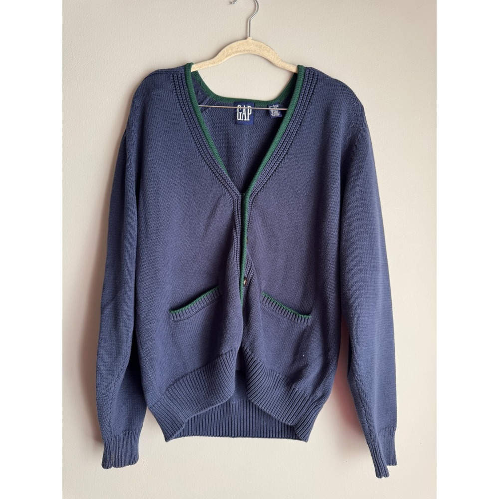 Vintage Gap Blue Cotton Knit Cardigan Sweater Green Trim V-Neck Pockets Small